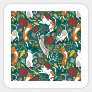 Autumn joy // pattern // pine green background cats dancing with many leaves in fall colors Sticker